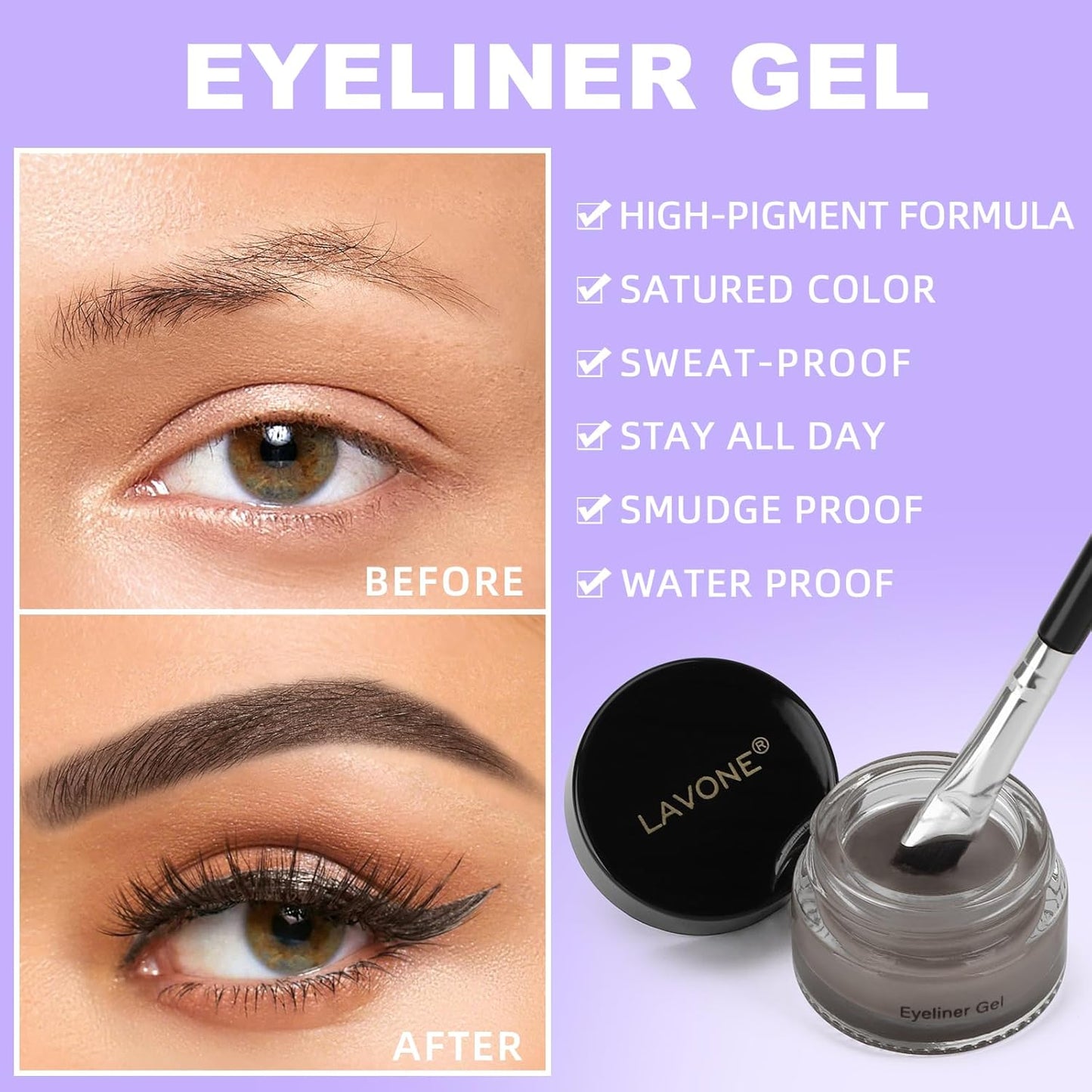 LAVONE Eyeliner Set - Waterproof Makeup Kit with Liquid eyeliner Pencil, Gel Eyeliner & Angled Eye liner Brush, Waterproof, Smudge Resistant, Long Lasting Formula - Gray