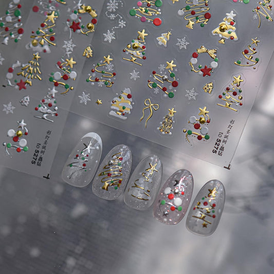 Christmas Nail Art Stickers 5D Embossed Christmas Tree with Colored Lights Designs Nail Stickers