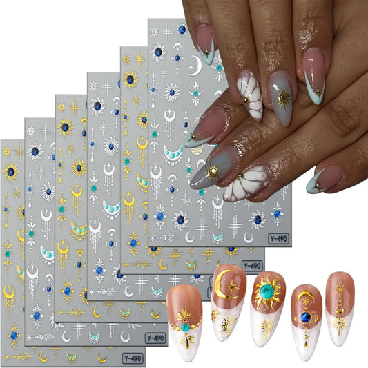 6 Sheets Hot Stamping Gold & Silver Star Nail Art Stickers 3D Self -Adhesive Moon Stars Nail Decals