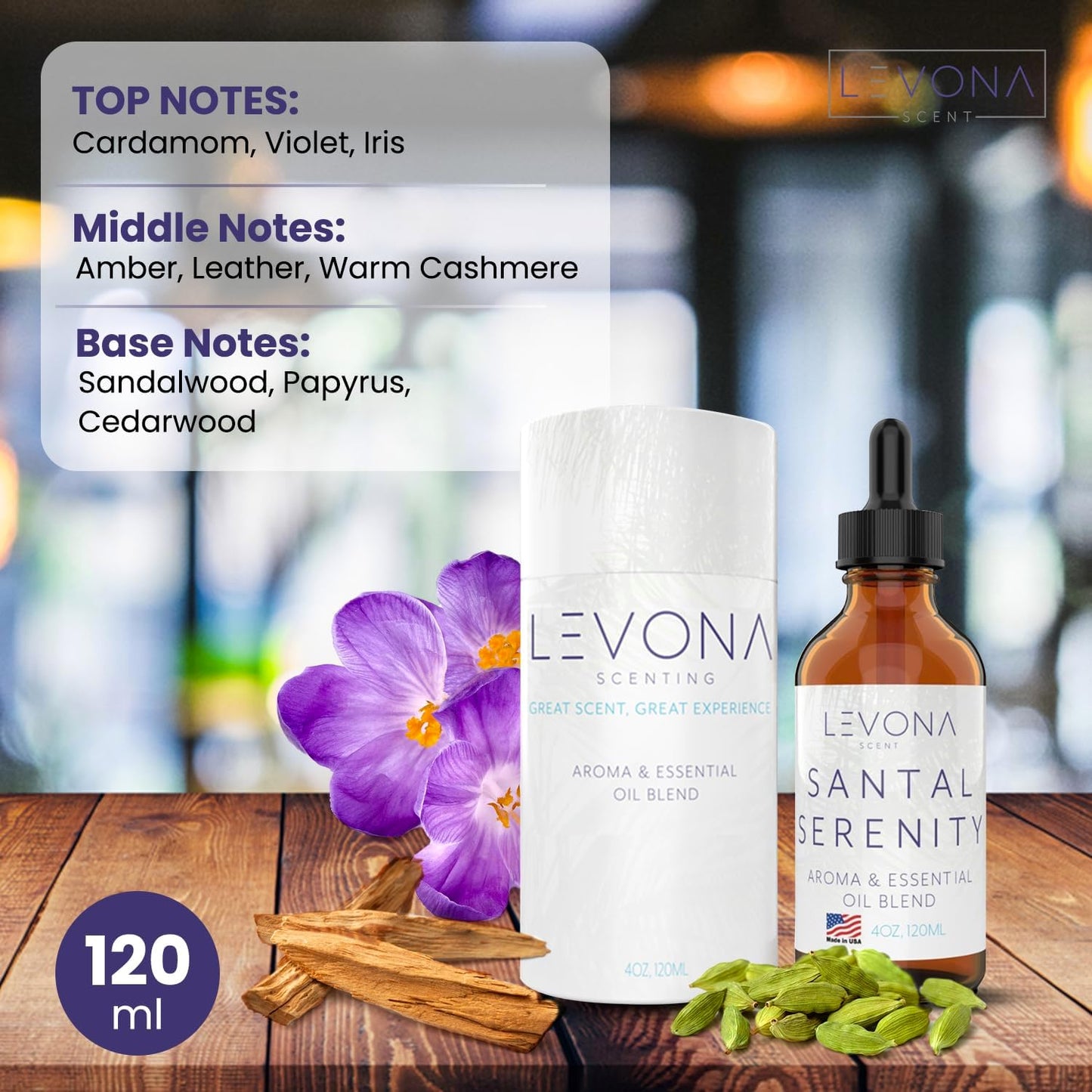 Levona Scent Santal Serenity Essential Oil: Notes of Sandalwood, Papyrus & Amber - Essential Oils for Hotel, Home and Office - Fragrance Oil for diffusers & Humidifiers - Home Luxury Scents-120 Ml