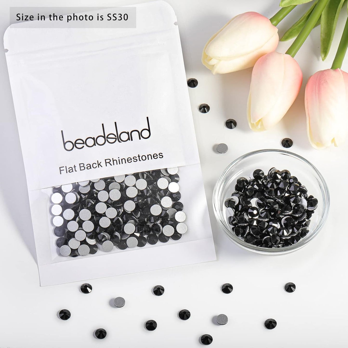 beadsland Flat Back Crystal Rhinestones Round Gems, Black (6.4-6.6mm) SS30/288pcs