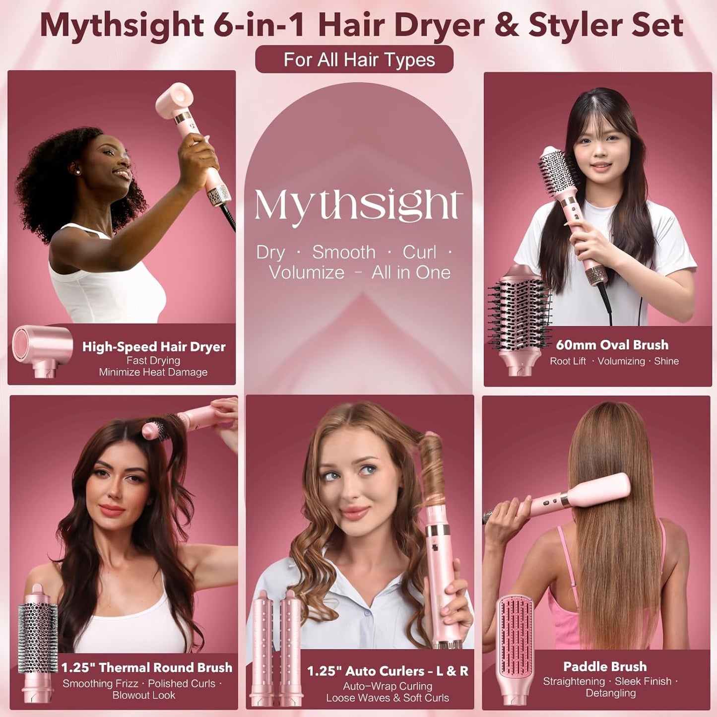 StyleVibe 6-in-1 Multi-Styler, Blow Dryer Brush & Thermal Brush with Auto Wrap Curl L/R, Fast Drying, Smooth Blowouts, Root-Lift Volume, No Heat Damage Frizz-Free Air Styler with Travel Bag
