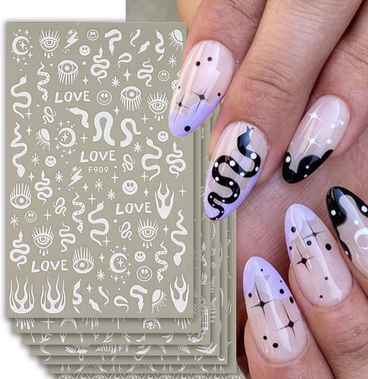 7 Sheets White Nail Art Stickers Butterfly Snake 3D Self-Adhesive Nail Decals Summer Stars Sun Line