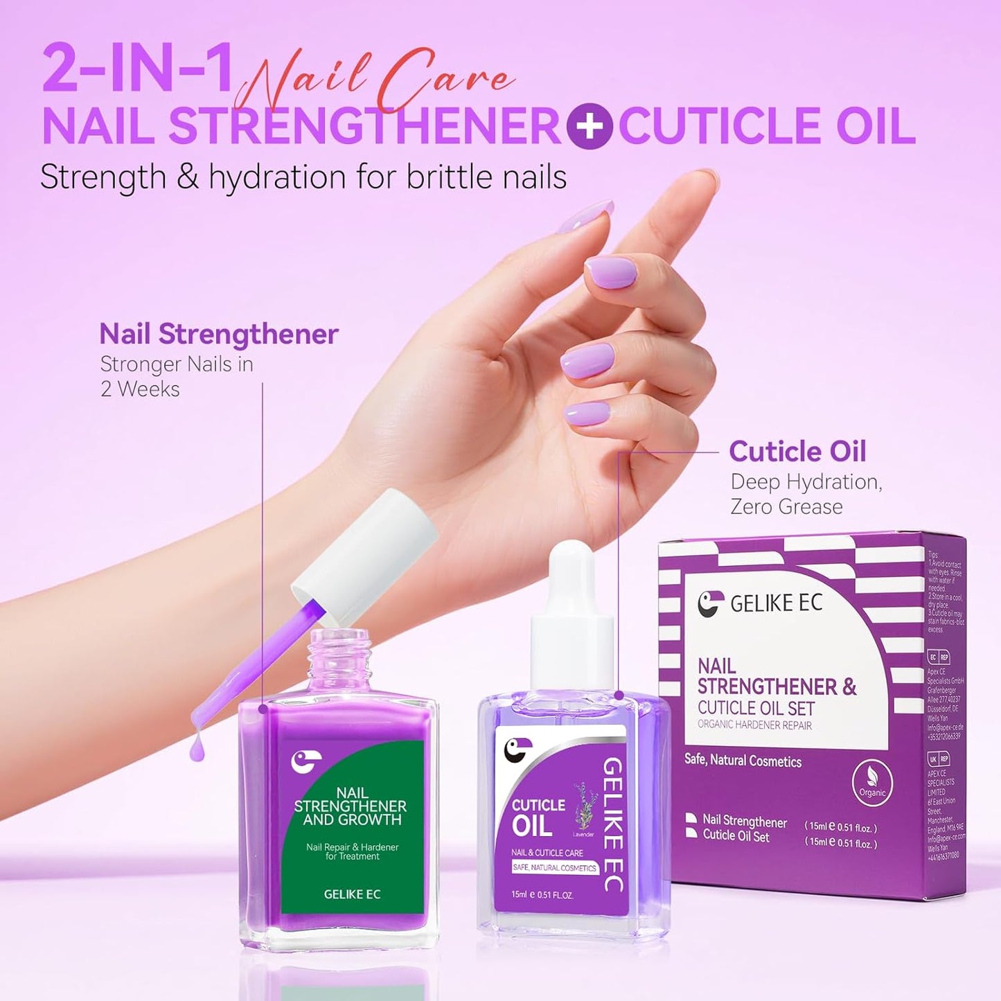Gelike EC Nail Kit for Beginners: Purple Easy-Use nail polish strengthener & Lavender Oil for Thin Weak Nails - for Stress Relief - Repair Split Nails - Spa & Night Care Routine