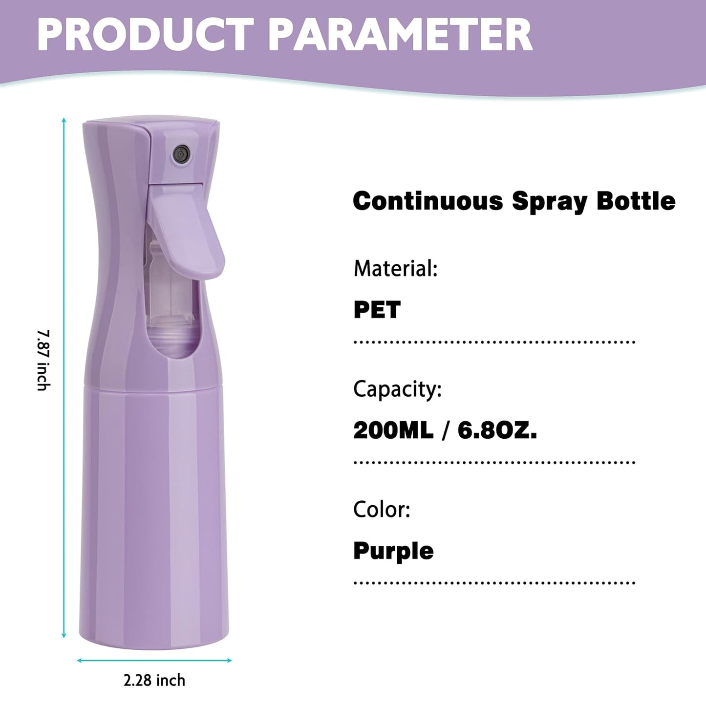 Spray Bottle for Hair (6.8OZ /200ML) Continuous Ultra Fine Mist Sprayer for Hair, Salons, Barber, Plants, Skin Care, Cleaning 2 Pack PURPLE