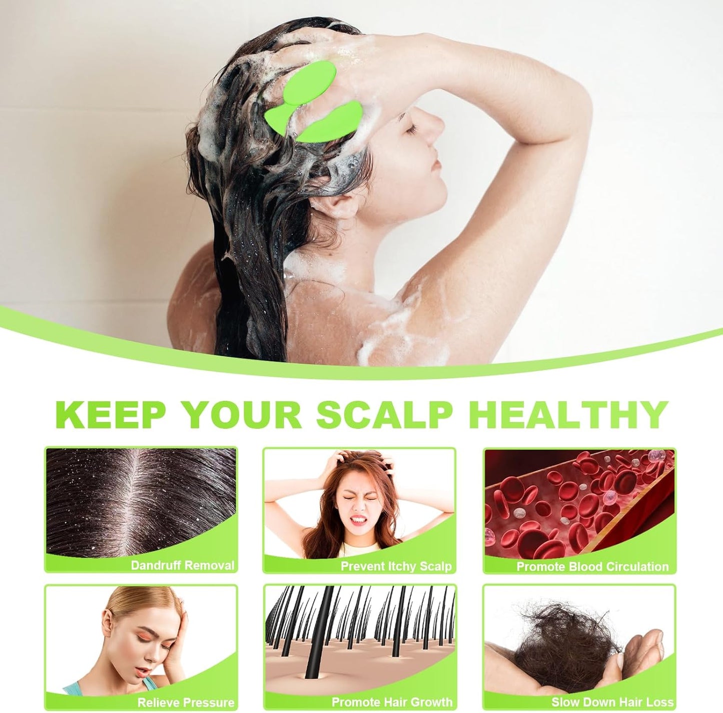 Silicone Scalp Massager Shampoo Brush, Scalp Brush for Hair Growth & Dandruff Removal, Hair Scrubber Scalp Stimulator Exfoliator Brush with Soft Bristles for Wet Dry Scalp Care (Green)