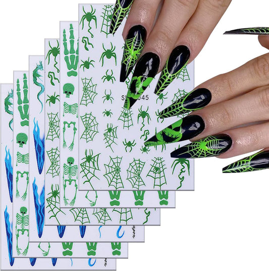 6 Sheets Halloween Nail Art Stickers 3D Self -Adhesive Luminous Skeleton Head and Hand Nail Decals