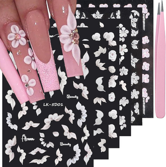 6 Sheets Flower Nail Stickers for Nail Art 5D Embossed Engraved Nails Decals 3D Spring Summer
