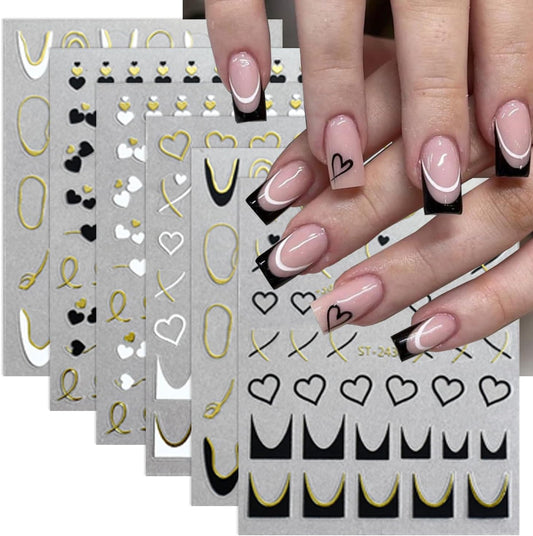 6Sheets Heart Nail Stickers French Tips Nail Art Stickers Letter Nail Decals Gold Black Bronzing