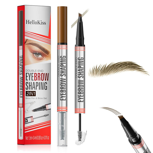 4-Fork Tip Microblading Eyebrow Pen With Brow Gel - 2-in-1 Waterproof Eyebrow Pencil, Long-Lasting Natural Hair-Like Brows, Smudge-Proof & Easy to Use (With Brow Gel 01#Light Brown)