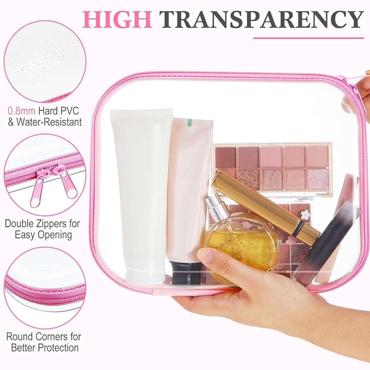 Hoolerry 3 Pcs Clear Hard Zipper Case Plastic Pouch Transparent Hard Case Clear Makeup Bag Portable Travel Organizer Bin for Cosmetics, Building Blocks, Puzzles(Pink,M)