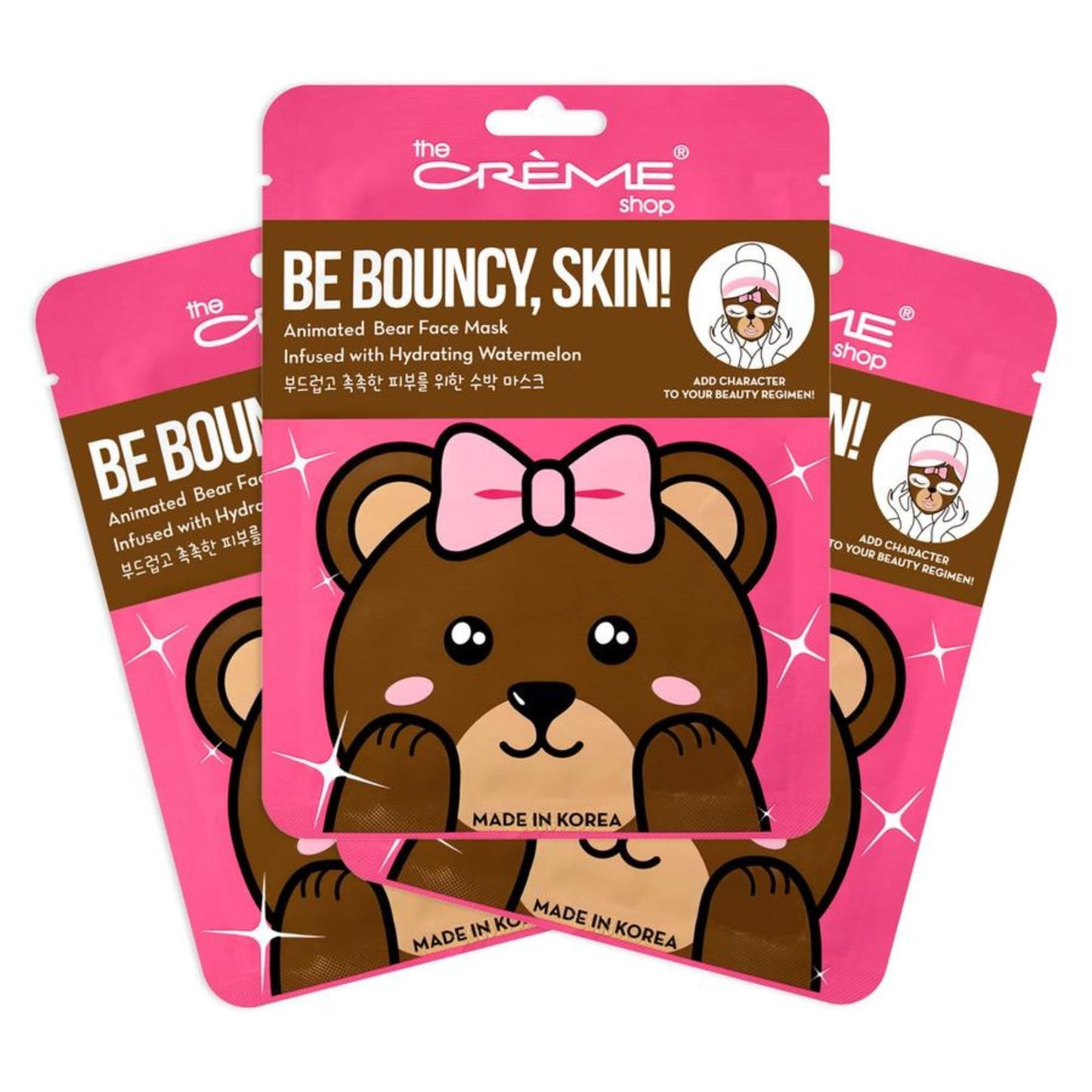 The Crème Shop Animated Miss Bear Face Mask, Hydrating Korean Sheet Mask with Watermelon (Set of 3)