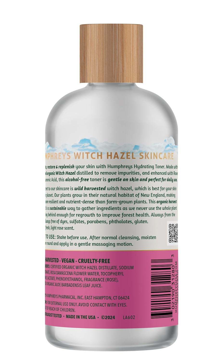 Humphreys Witch Hazel Hydrating Toner | Wild Harvested Witch Hazel & Rose | Natural, Alcohol-Free Formula | Balancing & Hydrating | Clears Pores | 8 Fl Oz