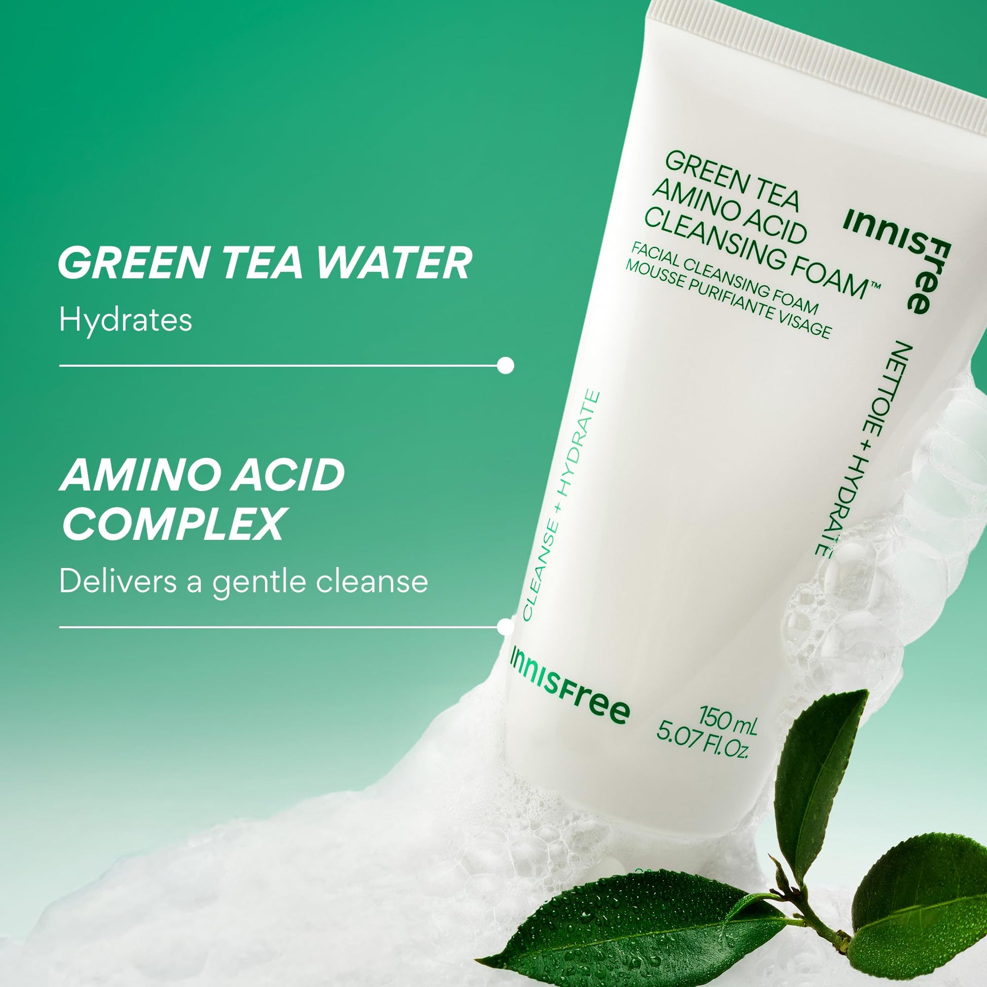 innisfree Green Tea Amino Acid Cleansing Foam | Hydrating Korean Face Wash | Gentle Lather |