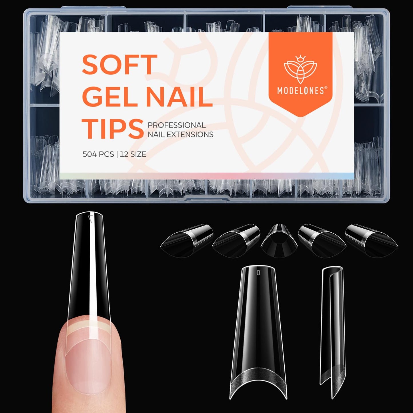 modelones Long Coffin French Nail Tips, 504 PCS No C Curve Pre-shaped Clear Acrylic Fake Nails Tips Gel Half Cover 12 Sizes with Box
