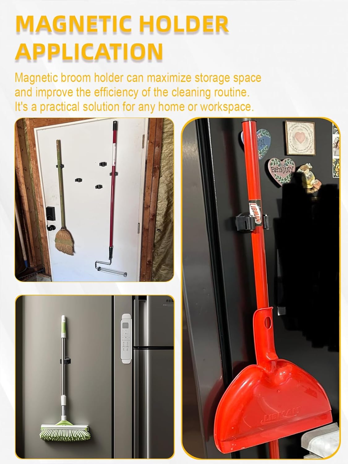 Magnetic Broom Holder for Refrigerator, No Drilling Magnetic Broom Holder Black Steel Magnetic Tool Mount for Home, Kitchen, Laundry, Garage, Workshop - 2 Pack Black+2 Pack Grey