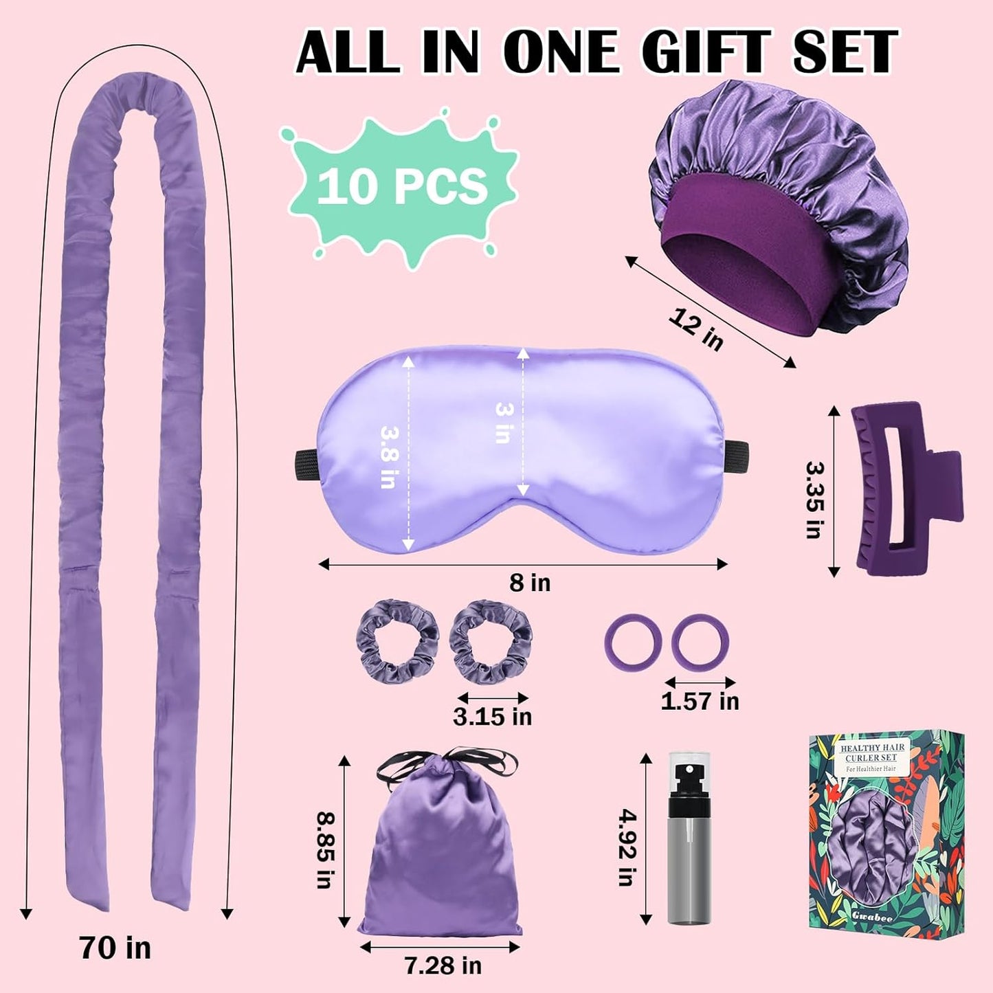 Satin Heatless Curls Overnight Hair Curlers to Sleep In Hair Curler Rollers No Heat Hair Wrap for Curls Headband, 70" Satin Heatless Curling Set for Women Long Waves Hair Volume -Purple 10 PCS