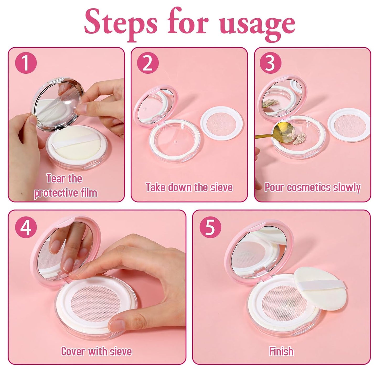 2 Pcs Loose Powder Container with Puff 0.17/0.7 oz Refillable Empty Powder Compact Makeup Powder Travel Container Case Portable Powder Puff and Container with Mirror and Elasticated Net Sifter