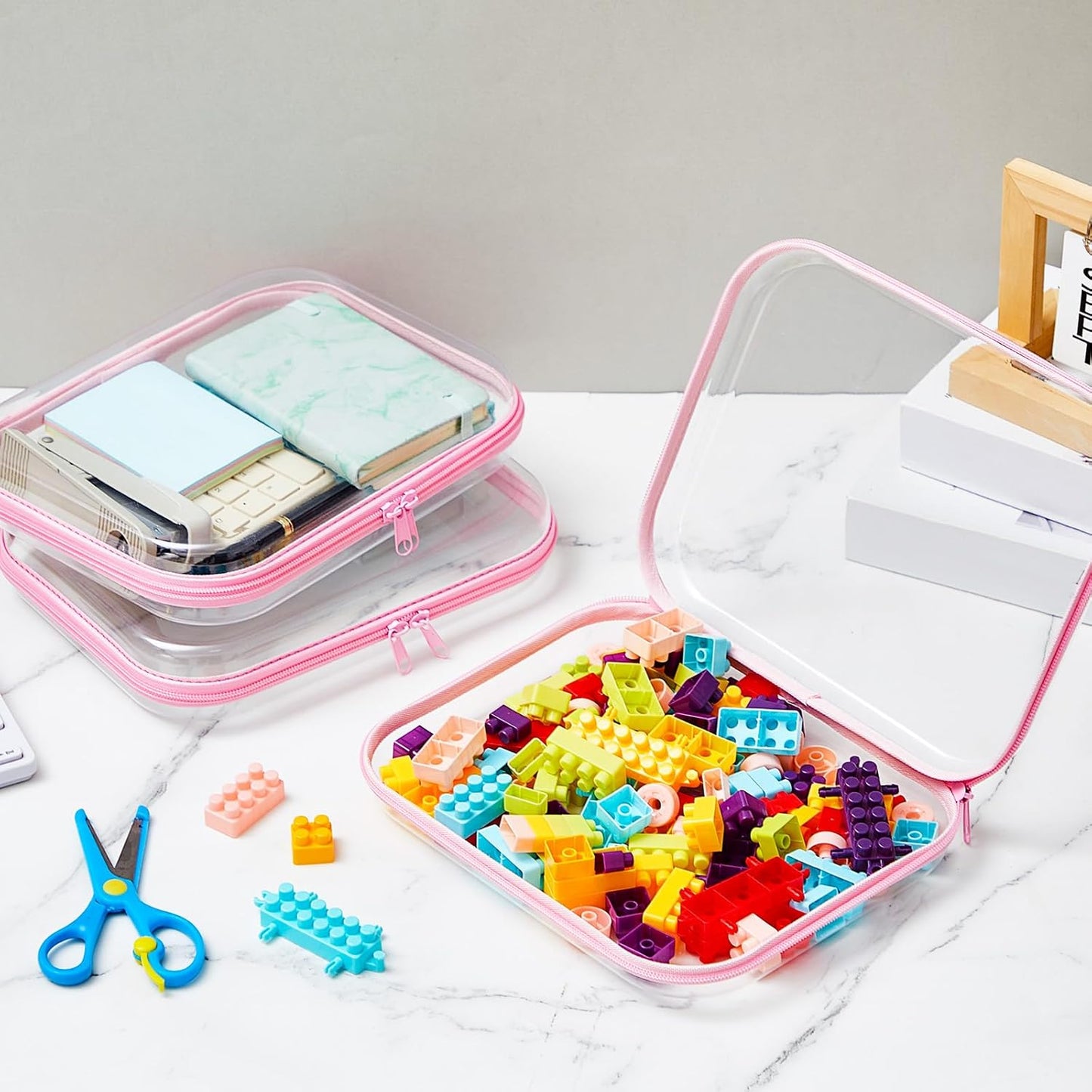 Hoolerry 3 Pcs Clear Hard Zipper Case Plastic Pouch Transparent Hard Case Clear Makeup Bag Portable Travel Organizer Bin for Cosmetics, Building Blocks, Puzzles(Pink,M)