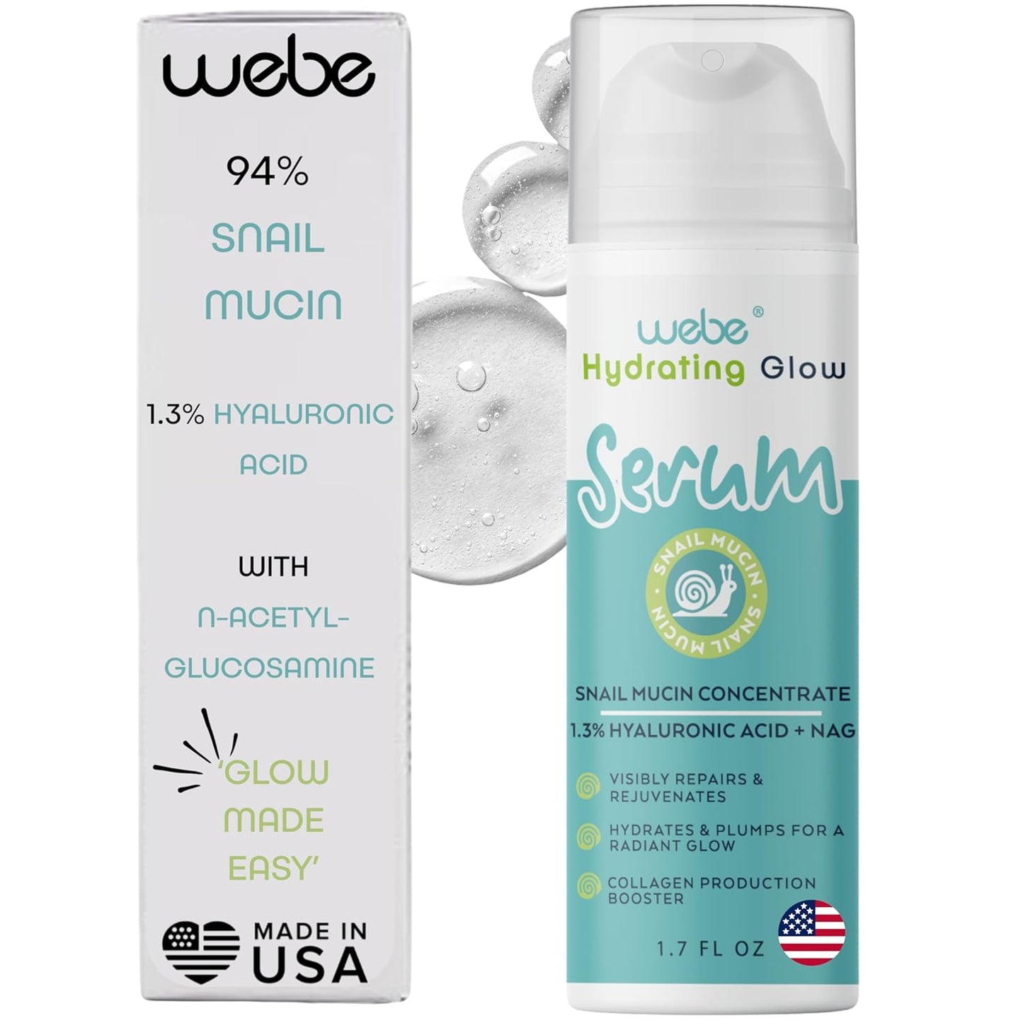 WEBE Naturals Snail Mucin 94% Hydrating Glow Serum | 1.3% Hyaluronic Acid & N-Acetyl Glucosamine | Collagen Boosting, Plumping, Anti Aging, Intense Moisturizing Serum for Radiant, Dewy Skin
