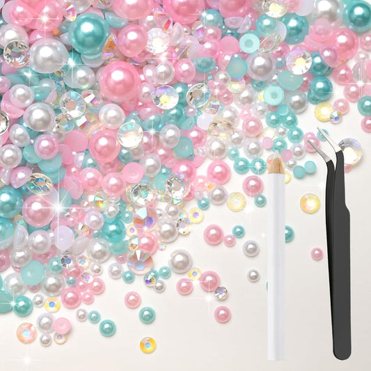 80g Mix Flatback Pearls and Rhinestones for Crafts Pink Blue White Mixed Size 2mm-10mm Half Round