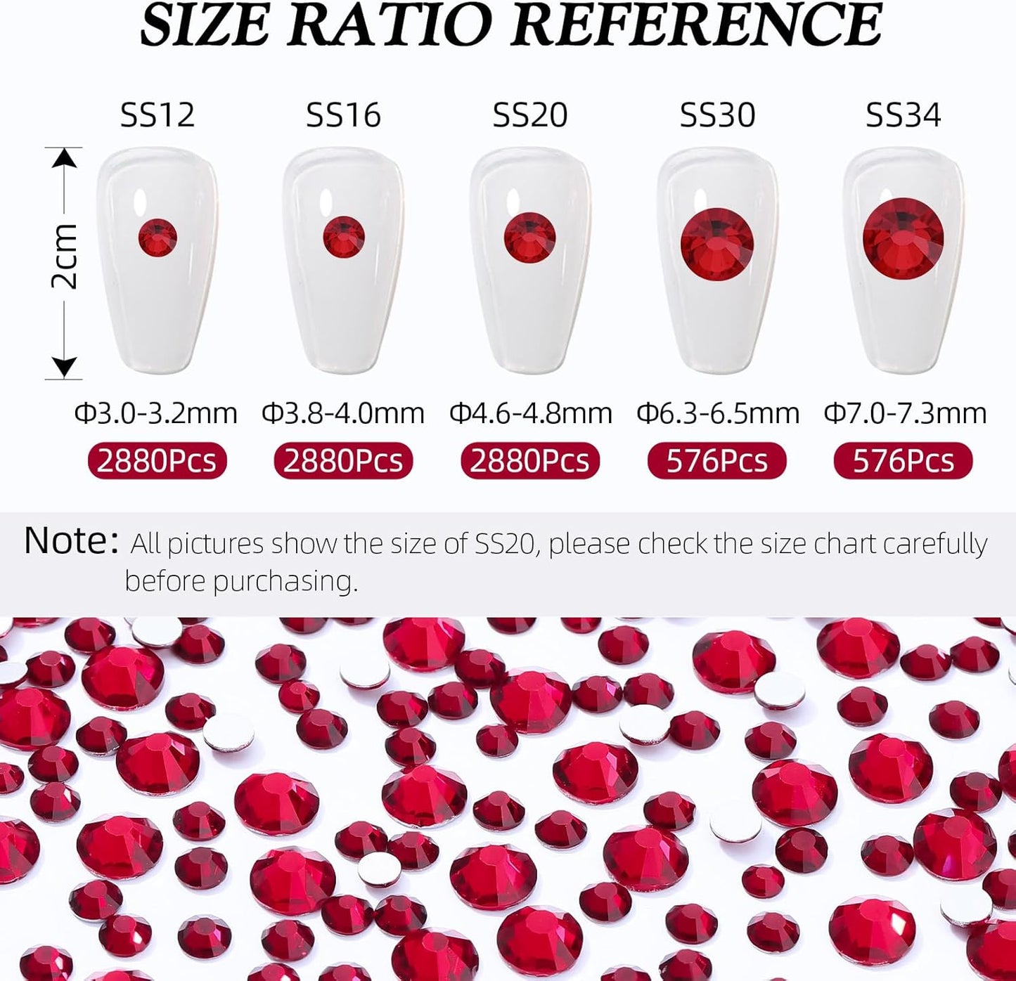 Siam Flatback Rhinestones, Glass Rhinestones for Nail Art and Craft, Glue Fix, Loose Crystal Gemstones(Siam, SS34, 576pcs, 7.1-7.3mm)