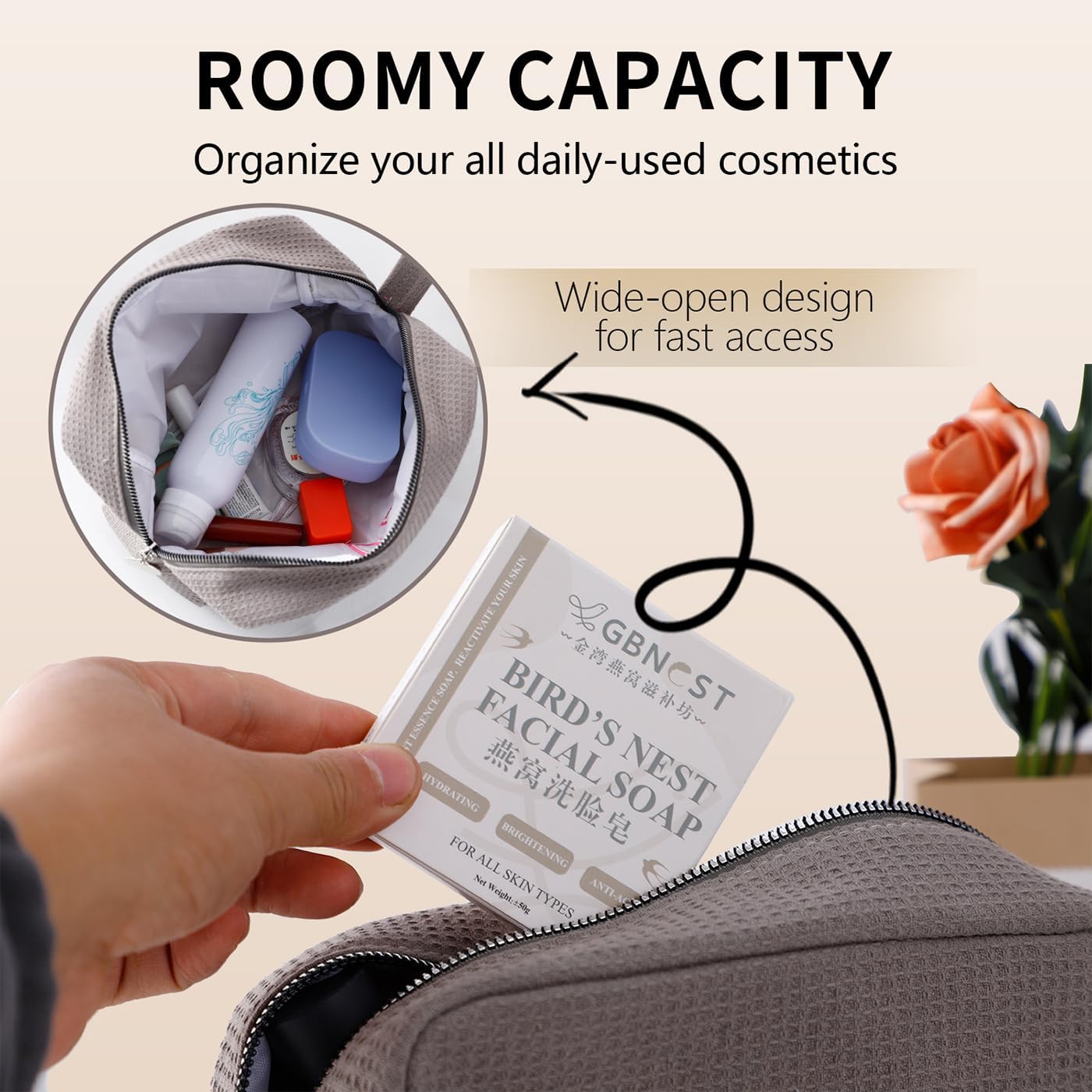 Personalized Embroidered Makeup Bag,Custom Waffle Fabric Cosmetic Pouch for Women, Travel Makeup Pouch (3, Gray)