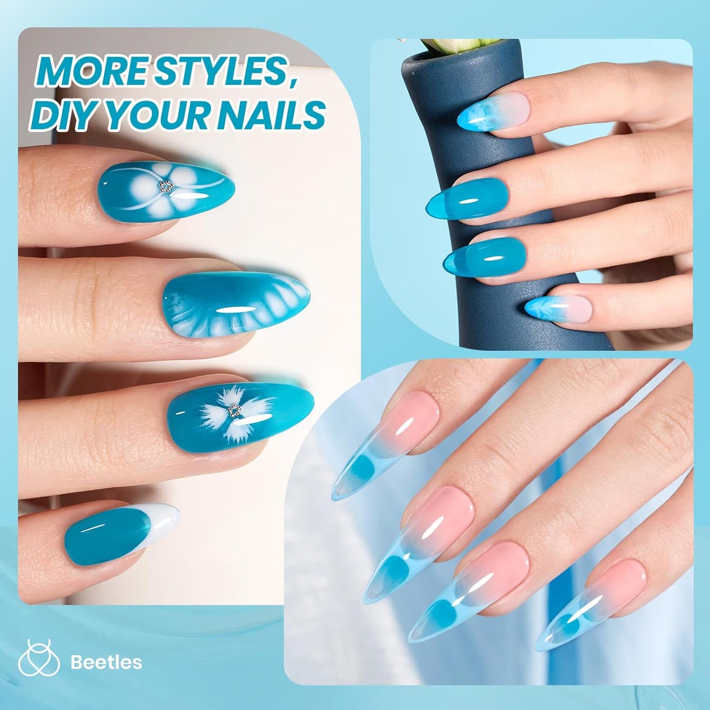 Beetles Blue Gel Nail Polish, 15ML Summer Jelly Gel Polish Sheer Translucent Effect Neutral Gel Soak Off UV Mystic Blue Lagoon Series French Nail Art Manicure Salon Gift for Women