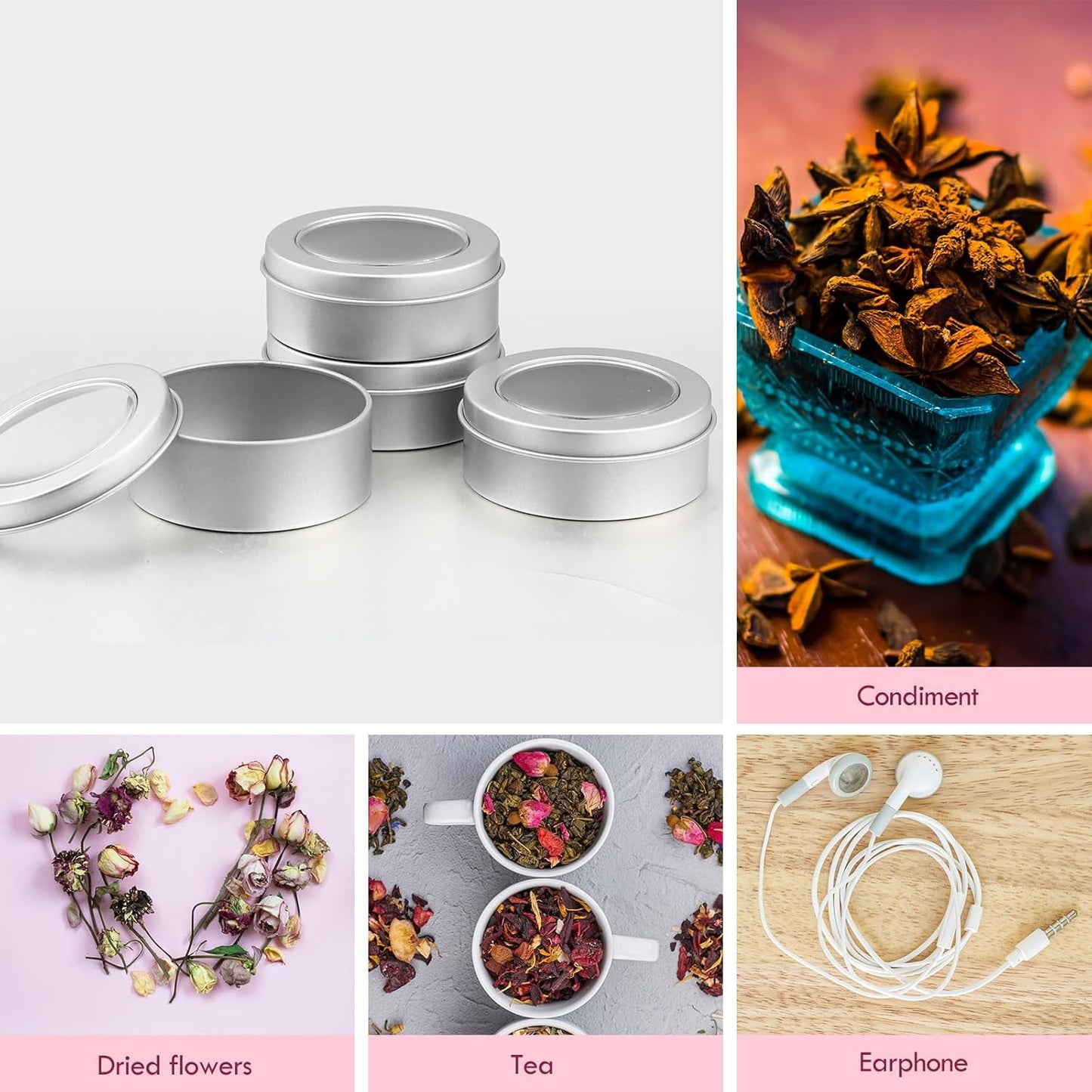 TecUnite 48 Pack 2 Ounce Metal Tin Cans Round Empty Container Salve Tins with Clear Lid for Kitchen, Office, Candles, Candies