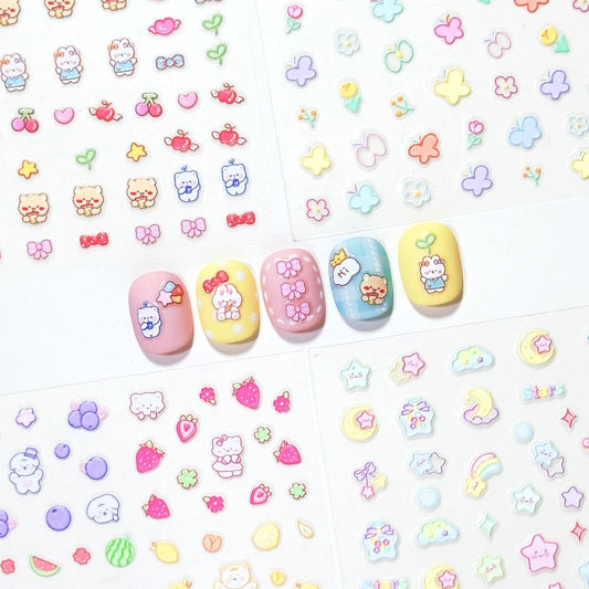 4 Sheets of 3D Nail Stickers - 289 Cute Nail Decals - Embossed Nail Stickers for Kids | Kawaii