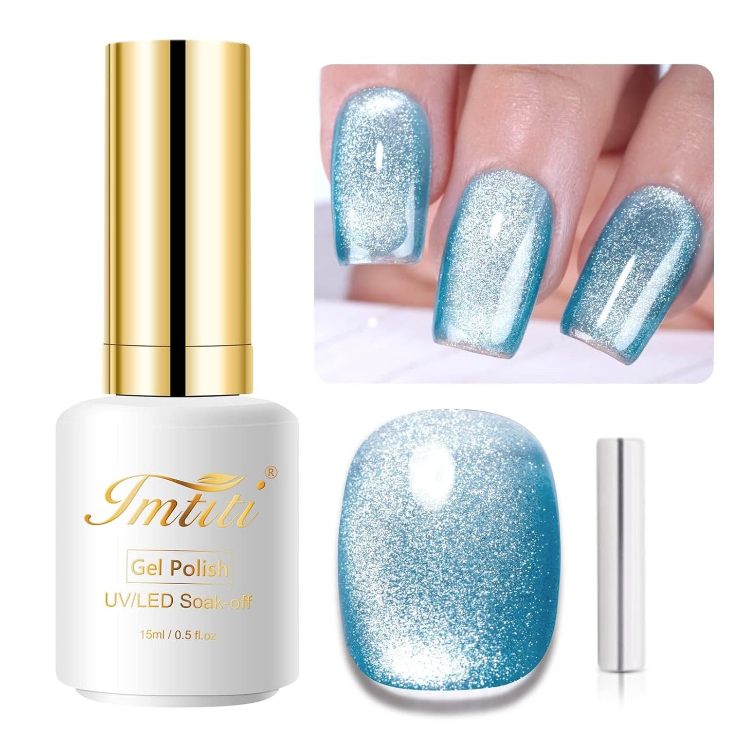 Imtiti Gloss Blue Cat Eye Gel Polish,0.5fl oz Holographic Glitter Magnetic Gel Polish with Magnetic Stick for Nail Salon DIY