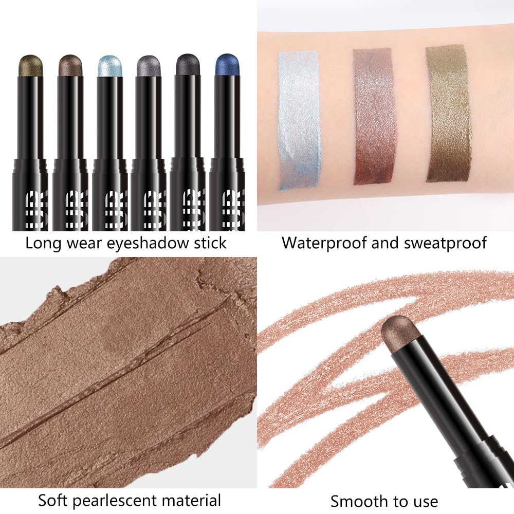 6Pcs Cream Eye Shadow Sticks Makeup for Women, Khaki Mocha Silver Grey Dark Taupe Black Royal Blue Shimmer Matte Eye Shadow Brightener Stick for Eyes, Waterproof Eyeshadow Pencil Set03
