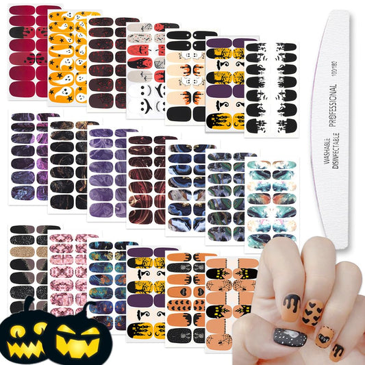 WOKOTO 20 Sheets Halloween Nail Polish Strips, Black Gradient Nail Stickers Full Wraps Kit with