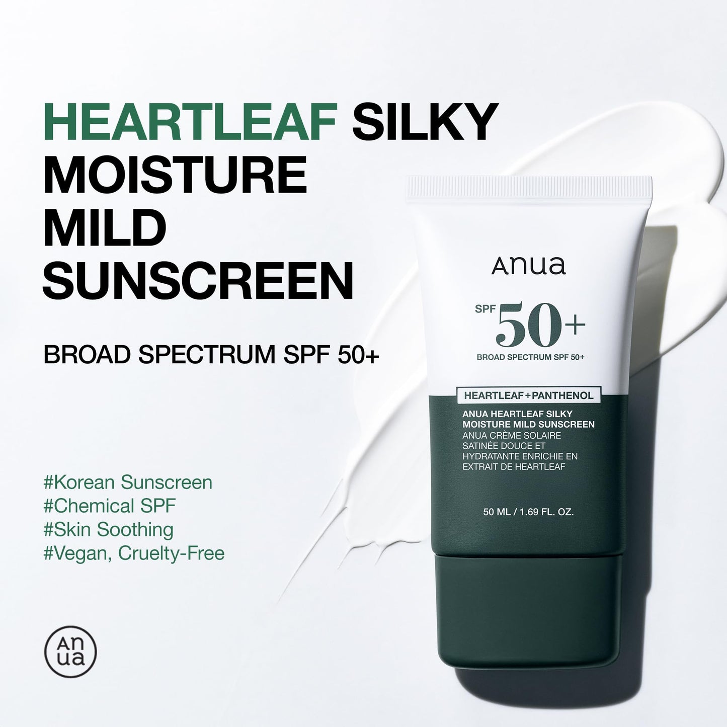 Anua Heartleaf Silky Moisture Mild Sunscreen, Broad Spectrum SPF 50+ with Moisturizing Formula