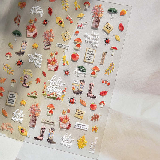 1Sheet Autumn Nail Art Stickers 5D Embossed Fall Nail Decals Maple Leaf Nail Stickers 3D self-Adhesive Thanksgiving Day Nail Accessories for Women Manicure Supplies Decoration