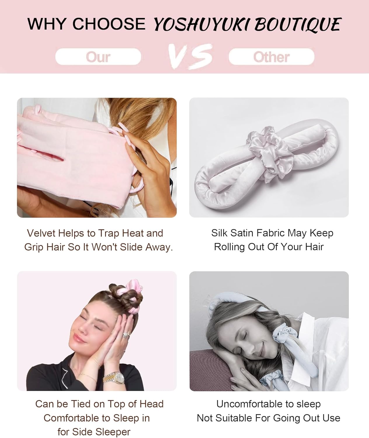 Heatless Hair Curler Curls Overnight Rods No Heat Hair Curlers to Sleep in, Soft Heatless Curling Ribbon Set with Clip Hair Rollers for Blowout Look Long Short Hair, Blush Pink