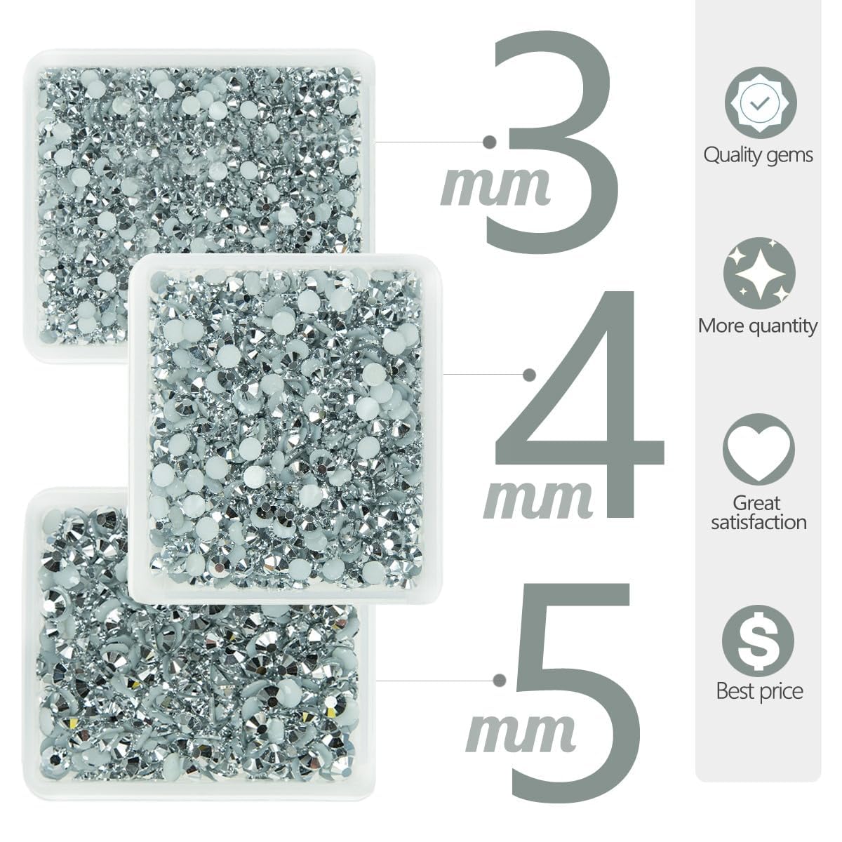 Metallic Silver Resin Rhinestones for Crafting 3mm 4mm 5mm Flatback Stones No-Hotfix Diamonds Crystals Gems Charms for Nails Face Eyes Makeup Body Tumblers Bottles Mugs DIY Crafts Shoes Clothes