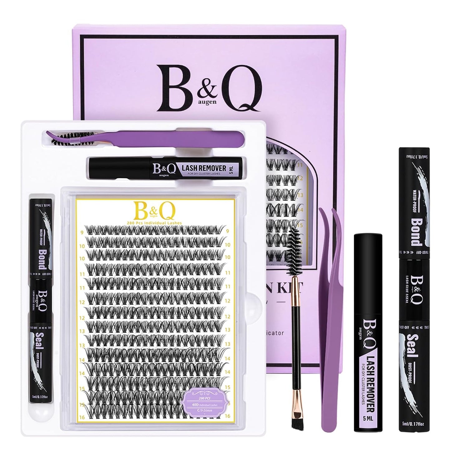 B&Q Lash Clusters Kit 280PCS Eyelash Clusters Kit,40D C 9-16MIX Individual Lash Comfortable Eyelash Extension Set, Classic Look with Bond and Seal Waterproof, Remover DIY at Home(Set,40D-C)