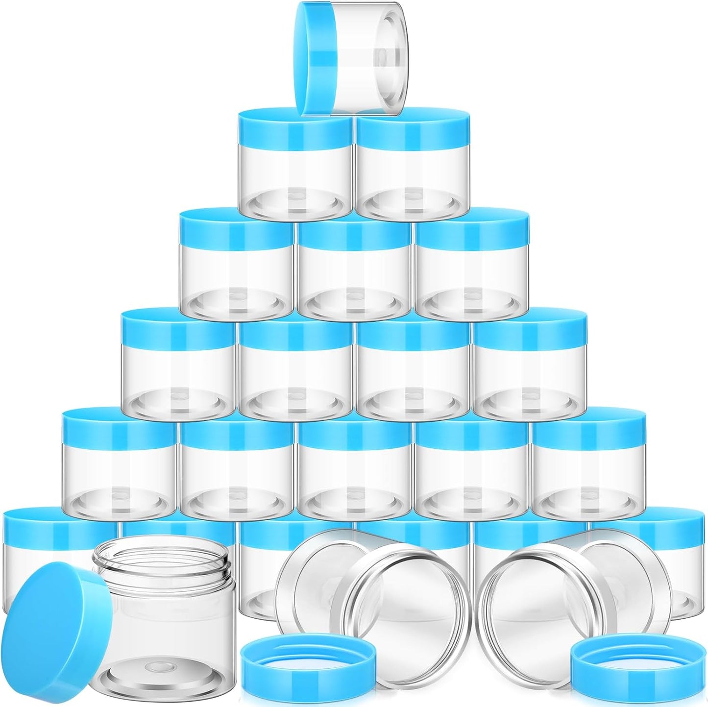 SATINIOR 24 Pieces Empty Clear Plastic Jars with Lids Round Storage Containers Wide Mouth for Beauty Product Cosmetic Cream Lotion Liquid Butter Craft and Food(Blue Lid,2 oz)