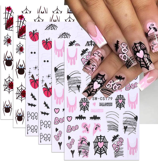 6 Sheets Halloween Nail Stickers Spider Web Nail Art Stickers Ghost Nail Decals Black Pink Red Bat