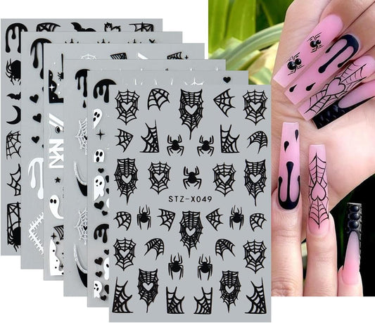 6 Sheets Halloween Nail Art Stickers Cute Ghost Nail Decals Black White Spider Web Bat Stars Moon