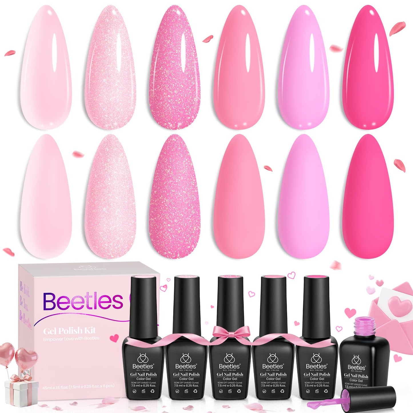Beetles Pink Gel Nail Polish Set, 6 Colors Hot Pink Glitter Bright Jelly