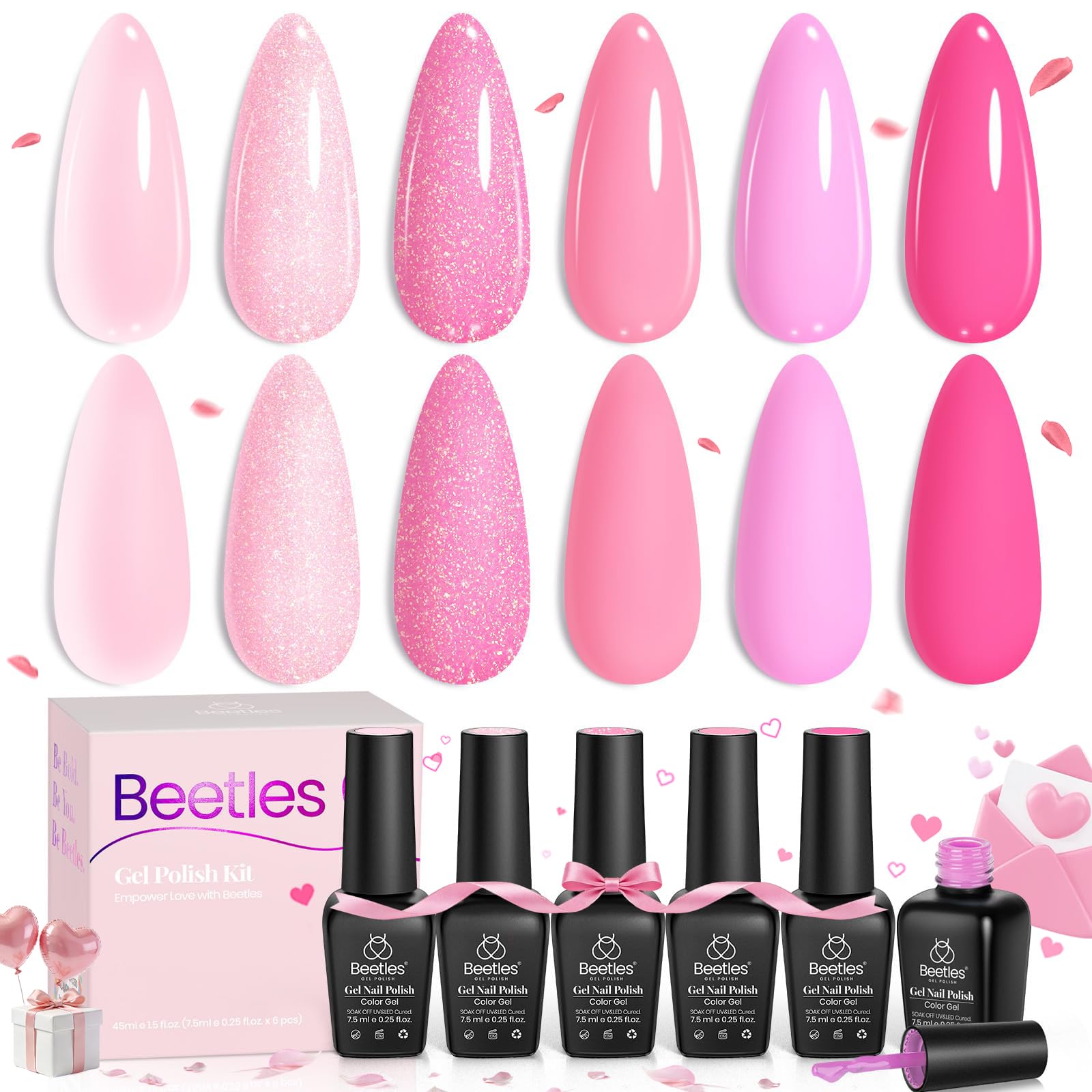 Beetles Pink Gel Nail Polish Set, 6 Colors Hot Pink Glitter Bright Jelly
