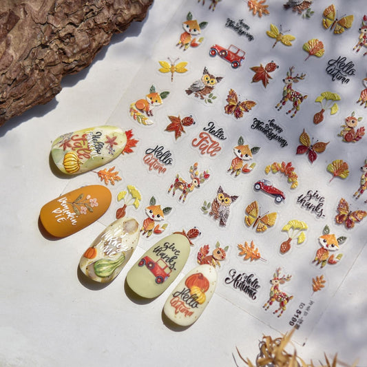 Thanksgiving Day Nail Stickers for Nail Art Fall Nail Sticker 5D Embossed Self-Adhesive Shiny