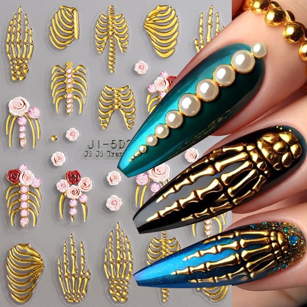 3Pcs Halloween Nail Art Sticker 5D Embossed White Claw Skull Nail Decals Gold Rose Gold Skeleton Nail Stickers 3D Self-Adhesive Hand Bone Nail Supplies Holiday Nails Accessories for Women DIY Manicure