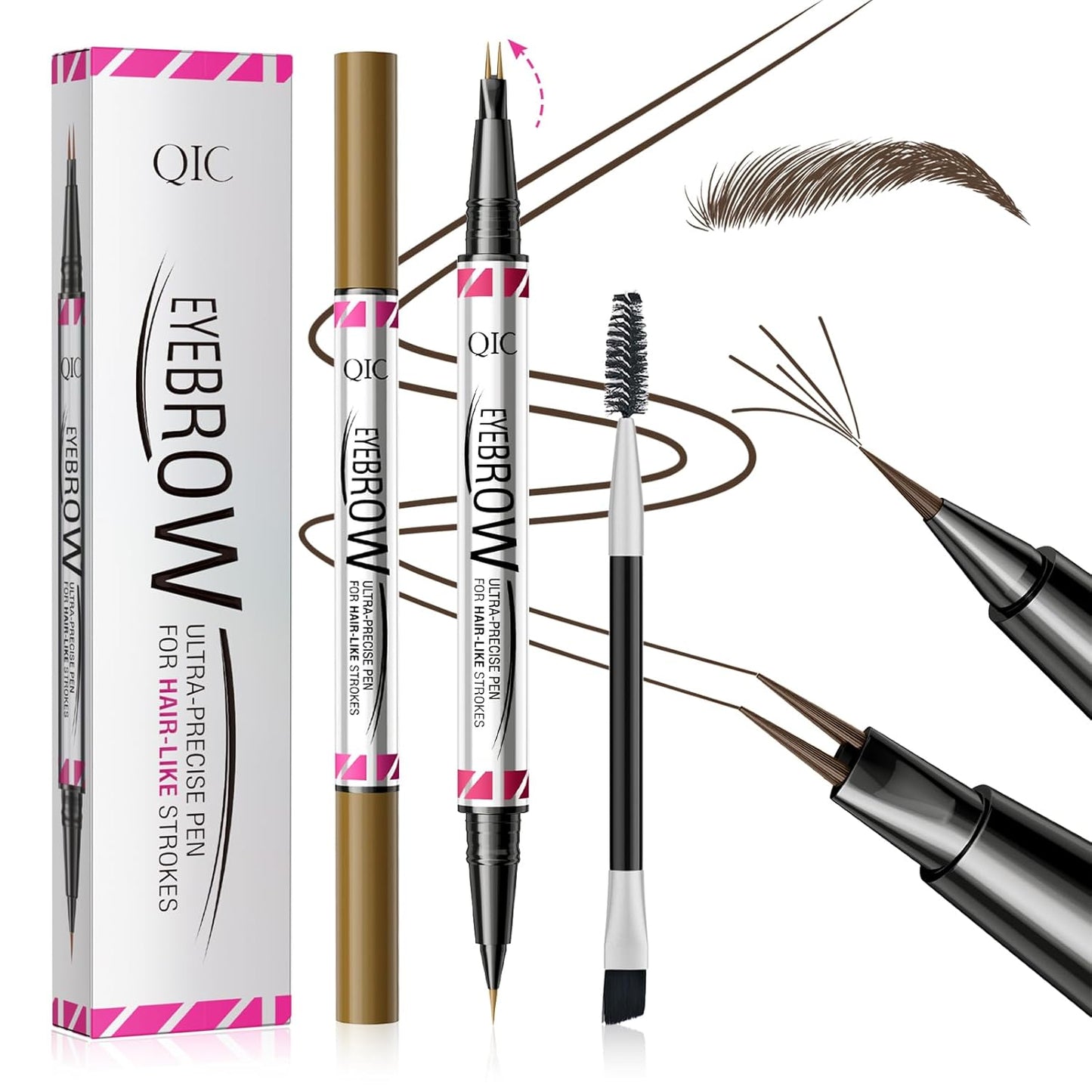 Microblading Eyebrow Pencils for Women - Eyebrow Pen 2-in-1 Dual-Ended Eye Brow Pencil with Precise 2-Fork-Tip & Brush-Tip Waterproof Eyebrow Pen for Hair-Like Brows, Last All Day, Black Brown