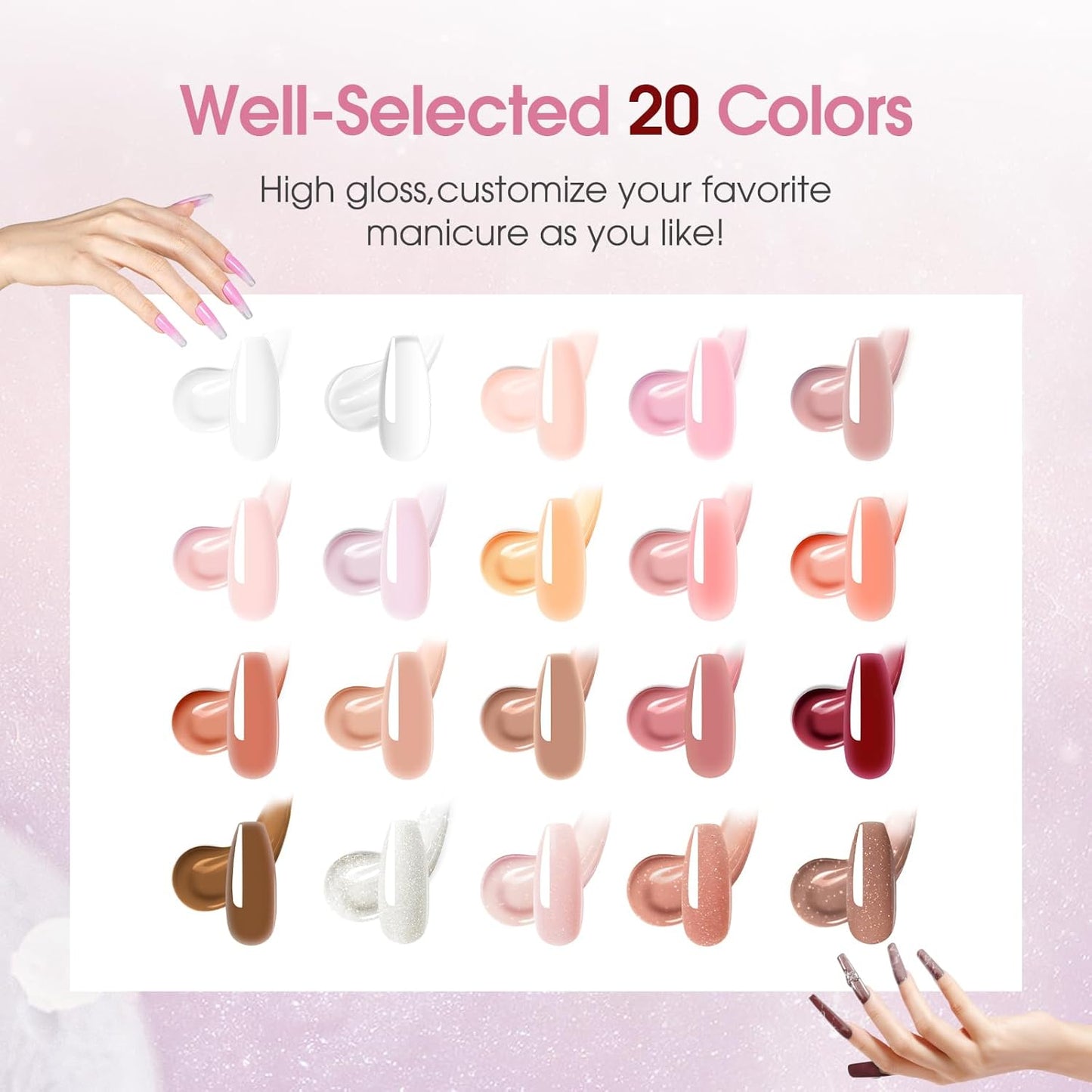 ROSALIND 20PCS Light Pink Nude Poly Nail Gel Kit with Mini Nail Lamp White Brown Poly Nails Extension Gel Set
