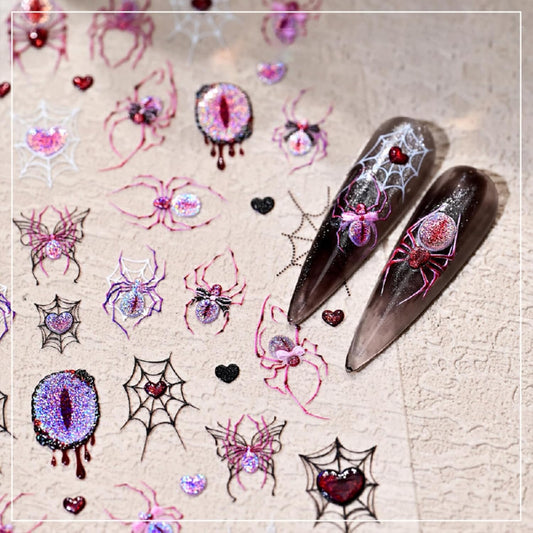 Halloween Nail Stickers for Nail Art Spider Web Nail Art Stickers Butterfly Charm Purple Black 5D Embossed Nail Decals Self-Adhesive Nails Supply Manicure Sliders Devil for Nails Decoration
