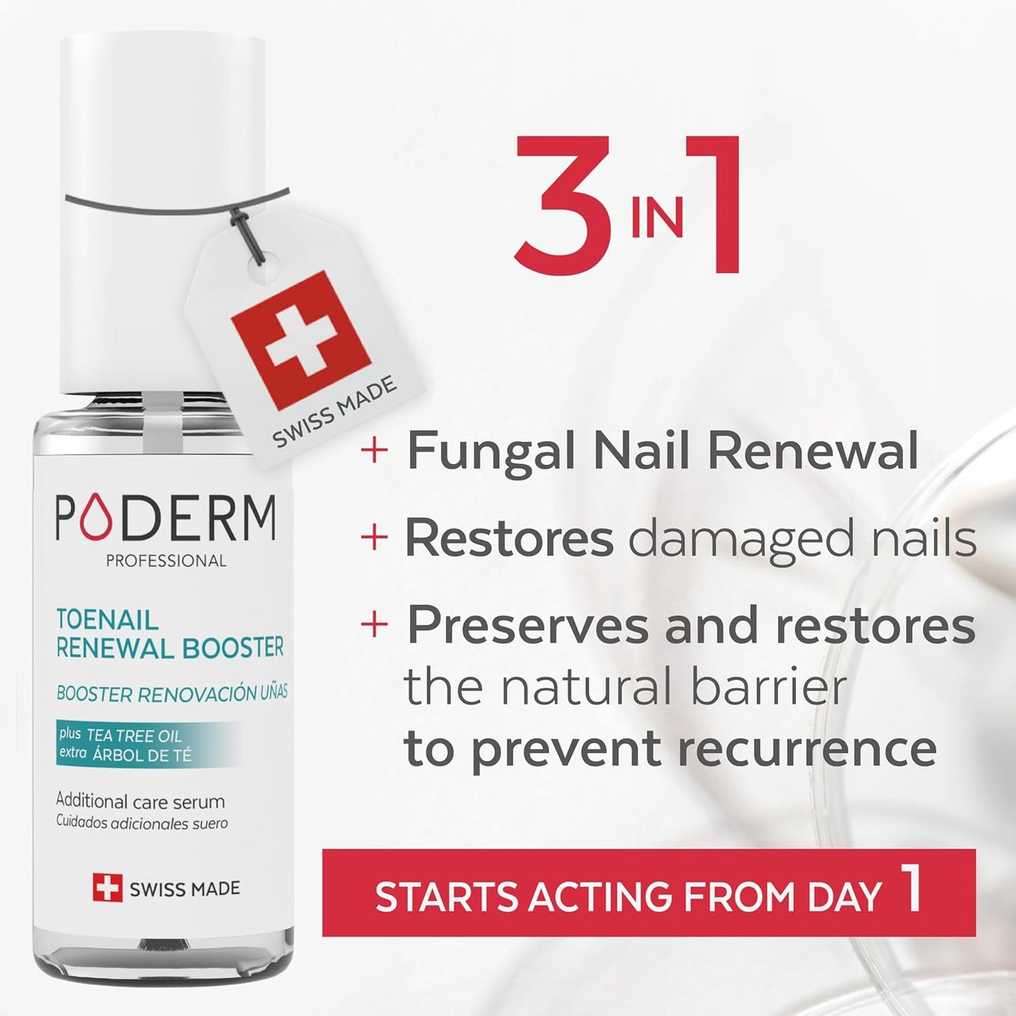 PODERM – TOENAIL RENEWAL BOOSTER – TEA TREE oil-serum - Restores Appearance of Discolored/Damaged Nails – Toe and Fingernail Repair – 100% Natural Ingredients and Vegan – Express Renewal – Swiss Made
