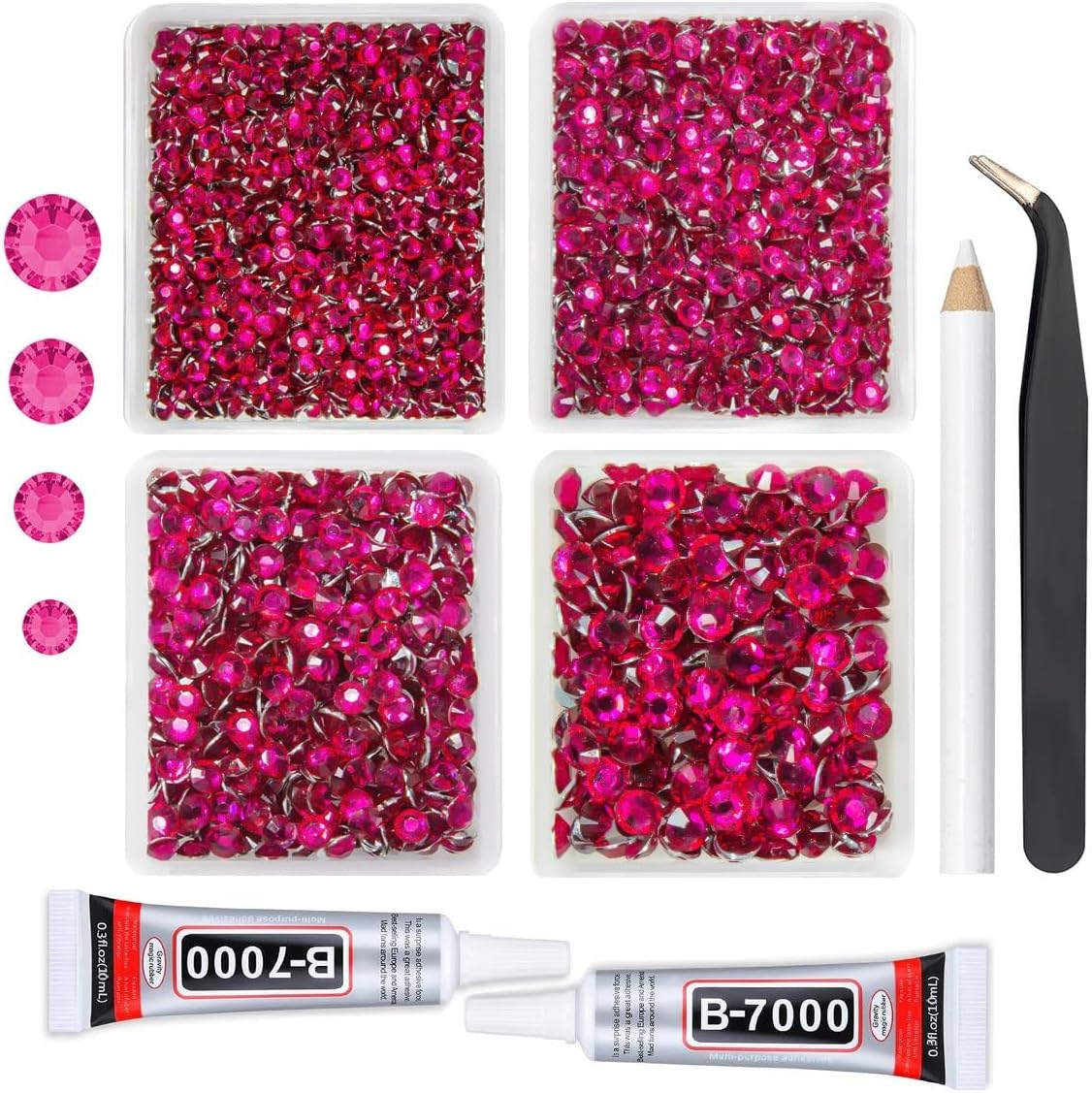 Rose Red Crystal Resin Rhinestones w B7000 Jewelry Glue for Bedazzling Crafting 3mm 4mm 5mm 6mm Dark Hot Pink Flatback Stones Diamonds Gems for Nails Face Eye Makeup Tumblers Bottles DIY Crafts